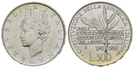 Repubblica Italiana. 500 Lire 1988 "Costituzione". Ag. FDC
