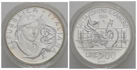 Repubblica Italiana. 500 Lire 1989 "Lotta contro il Cancro". Ag. FDC
