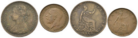 Monete mondiali. Gran Bretagna. Lotto di 2 monete. Cu. Victoria e Giorgio V. MB-BB