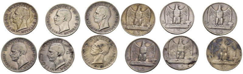 Regno d'Italia. Lotto di 6 monete da 5 lire aquilino Ag. MB-BB