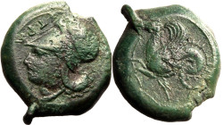 Ancient Greece: Sicily, Syracuse temp. Dionysios I circa 405-367 BC Bronze AE21 Very Fine; die engraver's error to obv., attractive green patina