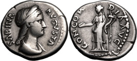 Roman Empire Sabina (wife of Hadrian) AD 136 Silver Denarius Very Fine; exhibiting an attractive, shimmering tone