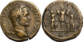 Roman Empire Caracalla AD 211 Bronze Sestertius About Extremely Fine; flan crack, otherwise an appealing bronze, boasting impressive detail