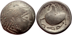 Celts, AR Tetradrachm (Billon, 8.25g, 22mm) Later Imitations of Philip II and their Successors, (2nd century BC)
Obv: laureate head of Zeus right.
Rev...