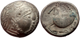 Celts, AR Tetradrachm (Billon, 8.81g, 22mm) Later Imitations of Philip II and their Successors, (2nd century BC)
Obv: laureate head of Zeus right.
Rev...