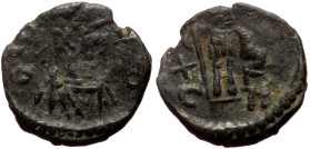 Vandals (?) AE nummus (Bronze, 1.07g, 11mm)
Obv: Laureate draped cuirassed bust right
Rev: Emperor standing holding standard (?)
Ref: ???