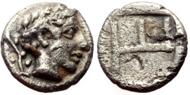 *Very rare, just 1 specimen recorded by acsearch* 
Arkadia, Thelpusa AR Hemiobol (Silver, 0.35g, 7mm) around 400 BC
Obv: Apollo head r. in laurel wrea...