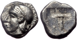 Arkadia, Tegea. AR Hemiobol, (Silver,0.36g, 8mm), ca 423-400 BC. 
Obv: Helmeted head of Athena left.
Rev: Large T within shallow incuse square.
Ref: B...