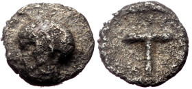 Arkadia, Tegea, AR Tetartemorion. (Silver,0.19 g 5mm), ca 423-400 BC. 
Obv: Helmeted head of Athena left.
Rev: Large T within shallow incuse square.
R...