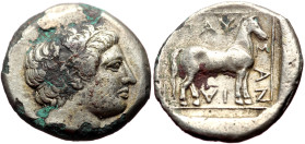 Kings of Macedon, Pausanias. 394/3 BC. AR fourree Stater (Silver/bronze, 22mm, 7.96g) Aigai or Pella 
Obv: Head of Apollo right, with short hair, wear...