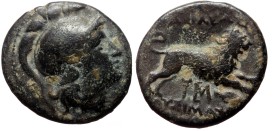 Kings of Thrace, Lysimachos (305-281 BC) AE (Bronze, 19mm, 4.42g) Lysimacheia.
Obv: Head of Athena to right, wearing crested Attic helmet.
Rev: ΒΑΣΙ...
