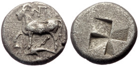 Thrace, Byzantion AR Hemidrachm (Silver, 2.33g, 12mm) ca 340-320 BC. 
Obv: Bull walking to left atop dolphin; ΠΥ above 
Rev: Quadripartite incuse squa...
