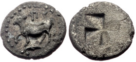 Thrace, Byzantion Bl Diobol (Silver, 1.09g,11mm) ca 340-320 BC
Obv: ΠY. Bull standing left on dolphin
Rev: Quadripartite millsail incuse.
Ref: SNG BM ...