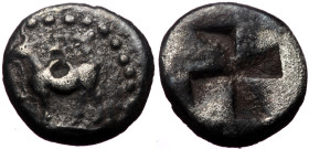 Thrace, Byzantion, AR Diobol, (Silver, 1.03 g 10mm), ca 416-357 BC.
Obv: Bull standing left, dolphin below.
Rev: 'ΠΥ, Quadripartite incuse square, mil...