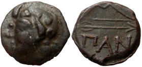 Cimmerian Bosporos, Pantikapaion AE (Bronze, 1.76g, 13mm) ca 304/3-250 BC. 
Obv: Wreathed head of satyr left 
Rev: Bow and arrow. 
Ref: MacDonald 116/...