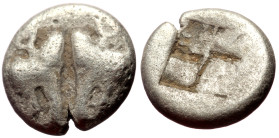 Lesbos, Mytilene AR Diobol (Silver, 1.00g, 10mm) ca 500-450
Obv: Two confronted boar heads. 
Rev: Incuse square punch. 
Ref: SNG München 646. Rosen 54...