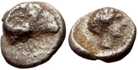 *Rare*
Troas, Kebren as Antiochia (?) AR Obol (Silver, 0.55g, 8mm) ca 387-310 BC. 
Obv: Ram's head right 
Rev: Youthful male head right, uncertain sym...