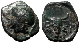 Troas, Assos AE (Bronze, 1.15, 11mm) 4th-3rd centuries BC
Obv: Helmeted head of Athena left
Rev: AΣ-ΣI, Bucranium.
Ref: SNG Cop 241; BMC 8.