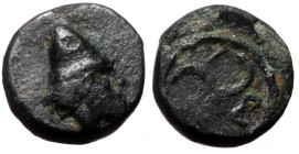 Troas, Birytis AE (Bronze, 1.34g, 10mm) ca 350-300 BC.
Obv: Head of Kabeiros to left, wearing pilos.
Rev: B-I/ P-Y Stylized triskeles.
Ref: SNG Cop...