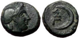 Troas, Sigeion, AE, (Bronze,1.08 g 9mm), 4th-3rd centuries BC.
Obv: Helmeted head of Athena right.
Rev: Σ –[ Ι ] / Γ – [ Ε ], Crescent left within lin...