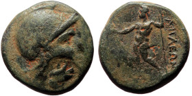 Aeolis, Aigai (ca 2 nd-1st century BC) AE (Bronze, 17mm, 5.89g) 
Obv: Helmeted head of Athena r.; c/m 
Rev: AIΓAEΩN, Zeus standing l., holding eagle a...