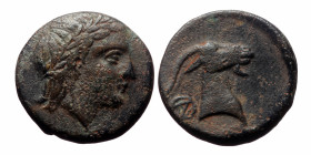 Aeolis, Aigai, AE (Bronze, 4.8 g 17mm), 4th-3rd centuries BC.
Obv: Laureate head of Apollo to right. 
Rev: Head of a goat to right; in field to left, ...