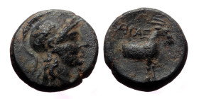 Aeolis, Aigai, AE,(2.06 g 13mm), 2nd-1st Centuries BC.
Obv: Helmeted head of Athena right.
Rev: AIΓAE, Forepart of a goat right.
Ref: SNG München 363....