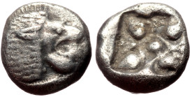 Ionia, Miletos AR Diobol (Silver, 9mm, 1.05g) Late 6th-early 5th century BC. 
Obv: Forepart of lion right, head reverted 
Rev: Stellate pattern in inc...
