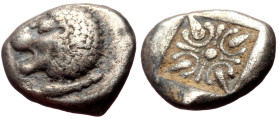 Ionia, Miletos AR Diobol (Silver, 9mm, 1.16g) Late 6th-early 5th century BC. 
Obv: Forepart of lion left, head reverted 
Rev: Stellate pattern within ...