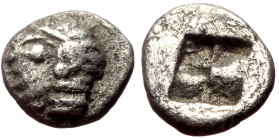Ionia, Kolophon. Late 6th century BC. AR Tetartemorion (Silver, 6mm, 0.19g). 
Obv: Archaic head of Apollo left 
Rev: Quadripartite incuse square. 
Ref...