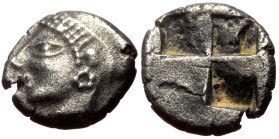 Ionia, Phokaia AR Diobol (Silver, 10mm, 1.15g) c. 521-478 BC. 
Obv: Head of a nymph to left, wearing a sakkos adorned with a central band and rosette ...