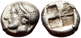 Ionia, Phokaia AR Diobol (Silver, 10mm, 1.31g) c. 521-478 BC. 
Obv: Head of a nymph to left, wearing a sakkos adorned with a central band and rosette ...