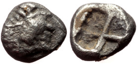 Ionia, Kolophon AR Hemiobol (Silver, 6mm, 0.36g) ca 530/25-500 BC. Persic standard. 
Obv: Archaic head of Apollo left 
Rev: Incuse square punch. 
Ref:...