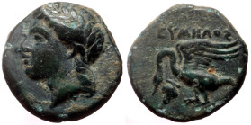 *Scarce & Beautifull*
Ionia, Leukai AE (Bronze, 10mm, 1.42g) 4th century BC, magistrate Eumelos. 
Obv: Head of Apollo left 
Rev: Swan left, wings spre...