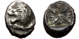 Ionia, Miletos (Late 6th-early 5th century BC) AR Diobol (Silver, 11mm, 1.12g). Obv: Forepart of a lion to right, head turned to left. 
Rev: Stellate ...