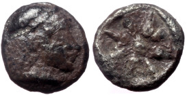 Ionia, Uncertain, AR Hemiobol (Silver, 0.42 g 8mm). 5th century BC.
Obv: Head of Athena (?) to right, wearing Corinthian helmet. 
Rev: Star of eight r...