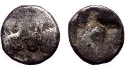 Karia AR Obol ca 5th century BC 
Obv: bull heads confronted 
Rev: quadripartite incuse. 
Ref: SNG Keckman 909.