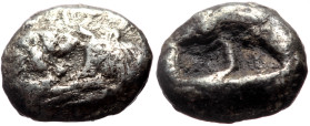 Kings of Lydia, Kroisos AR 1/3 Stater (Silver, 3.35g, 13mm) Sardes, ca 561-546 BC. 
Obv: Confronted foreparts of lion to right and bull to left 
Rev: ...