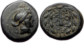 Lydia, Sardes, AE, (Bronze, 4.56 g 16mm), 2nd-1st centuries BC. 
Obv: Laureate head of Apollo right.
Rev: ΣAPΔIA / NΩN, Club right within wreath; mono...