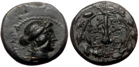 Lydia, Sardes, AE. (Bronze,3.87 g 11mm),2nd-1st centuries BC.
Obv: Laureate head of Apollo, right.
Rev: ΣAPΔIA / NΩN, Club right within wreath.
Ref: S...
