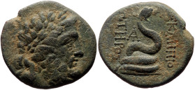 Mysia, Pergamon AE (Bronze, 9.19g, 23mm) ca 200-113 BC
Obv: Laureate head of Asklepios (or Zeus) right 
Rev: ΑΣΚΛΗΠΙΟΥ / ΣΩΤΗΡΟΣ, serpent-entwined sta...