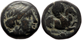 Mysia, Lampsakos AE (Bronze, 8.17g, 18mm) 4th-3rd century BC. 
Obv: ΛAM, laureate head of female right 
Rev: ΨΑ, Pegasos right; uncertain symbol (sunr...
