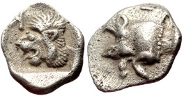 Mysia, Kyzikos (ca 450-400 BC) AR Obol (Silver,12mm, 0.74g) 
Obv: Forepart of boar left; to right, tunny upward 
Rev: Head of roaring lion left; retro...
