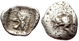 Mysia, Kyzikos AR Tetartemorion (Silver, 8mm, 0.15g) ca 525-475 BC. 
Obv: Forepart of boar right; tunny to left 
Rev: Head of roaring lion left; K to ...
