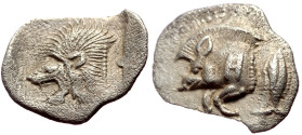 Mysia, Kyzikos (ca 450-400 BC) AR Hemiobol (Silver, 10mm, 0.39g) 
Obv: Forepart of boar left; to right, tunny upward 
Rev: Head of lion left within in...