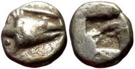 Mysia, Kyzikos. ca 600-550 BC. AR Diobol (Silver, 10mm, 0.97g) Obv: Head of tunny right; above, tunny below 
Rev: Quadripartite incuse square. 
Ref: V...