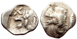 Mysia, Kyzikos (ca 450-400 BC) AR Hemiobol (Silver, 9mm, 0.43g) 
Obv: Forepart of boar left; to right, tunny upward 
Rev: Head of lion left within inc...