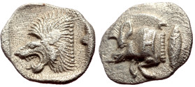 Mysia, Kyzikos (ca 450-400 BC) AR Hemiobol (Silver, 9mm, 0.39g) 
Obv: Forepart of boar left; to right, tunny upward 
Rev: Head of lion left within inc...