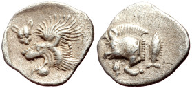 *Rare and beautifull piece*
Mysia, Kyzikos AR Hemiobol (Silver, 10mm, 0.35g) ca 450-400 BC. 
Obv: Forepart of a boar to left; on shoulder, ꓘ; to right...