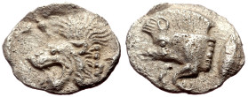 Mysia, Kyzikos (ca 450-400 BC) AR Hemiobol (Silver, 10mm, 0.34g). 
Obv: Forepart of boar left; to right, tunny upward 
Rev: Head of roaring lion left;...